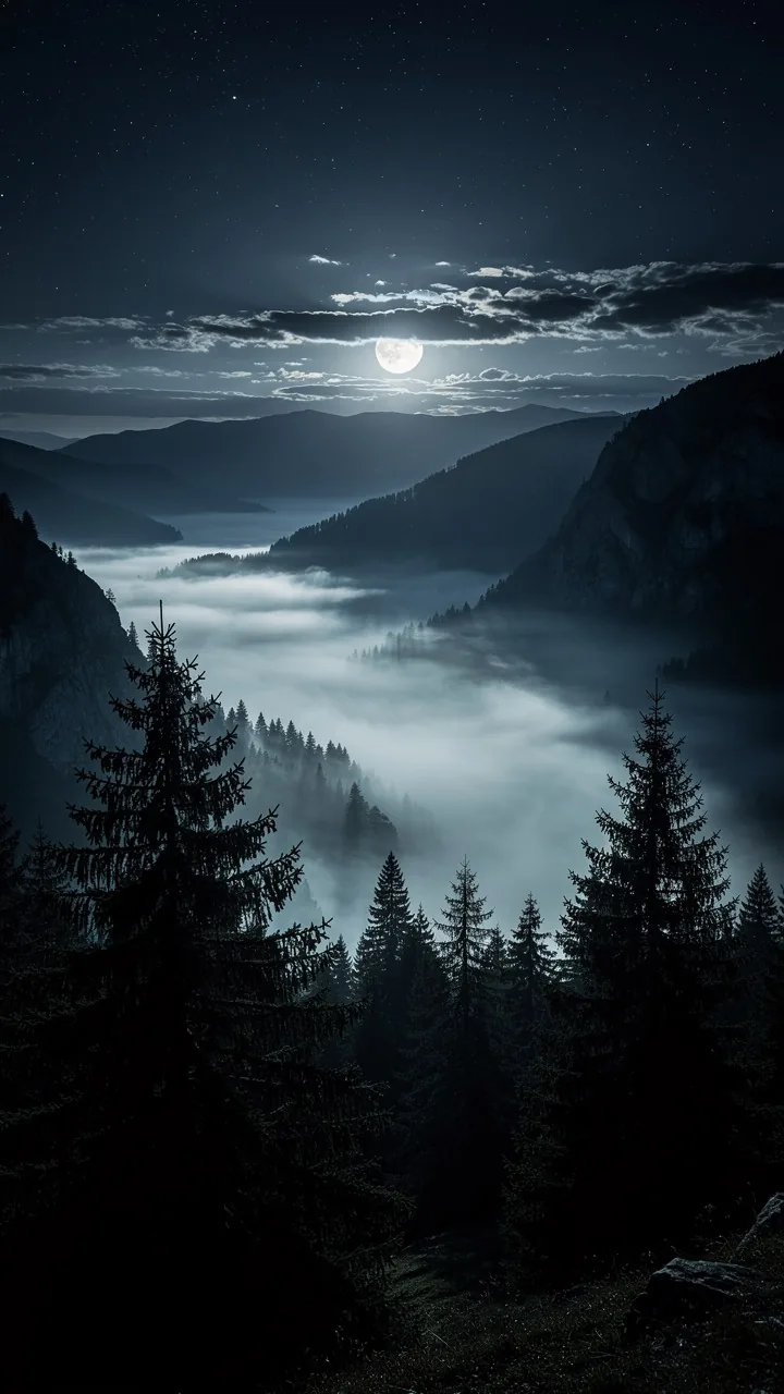 Carpathian mountains at night, ancient forest under moonlight