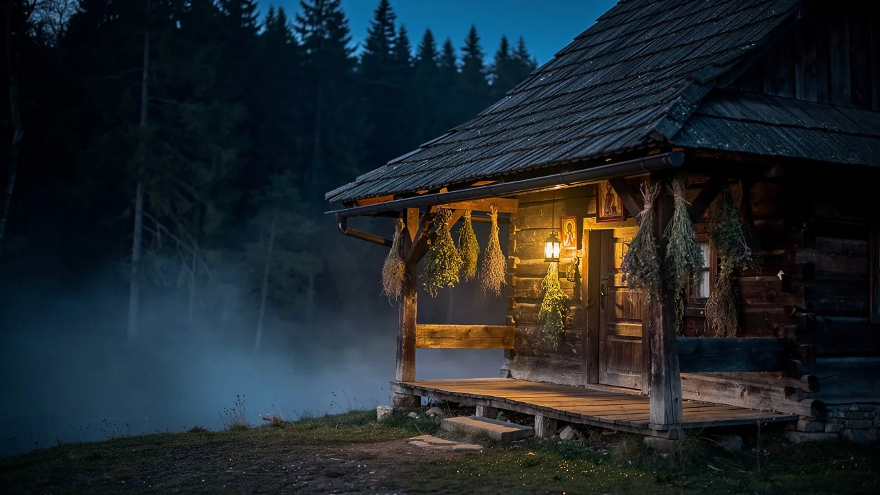 Traditional Romanian house at the edge of a dark forest at twilight