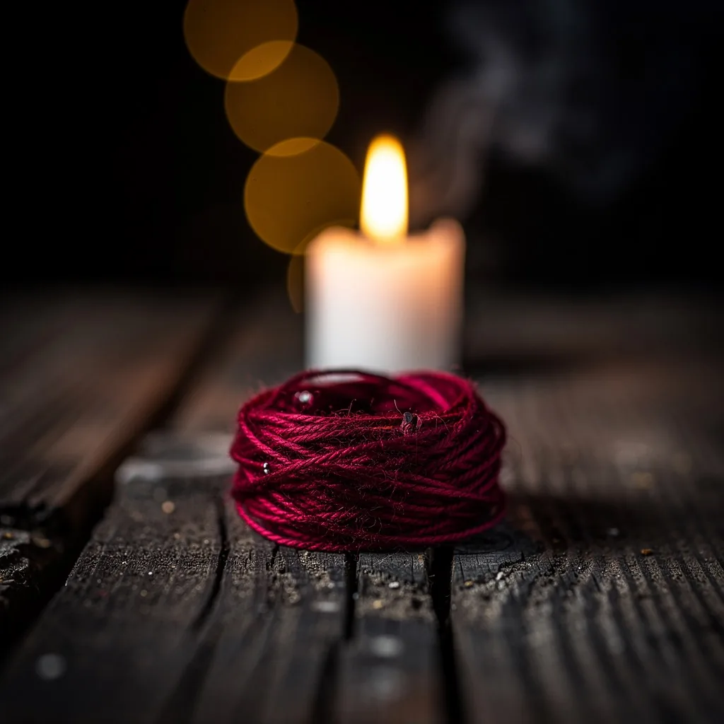 Red thread and candle close-up, ritual objects on dark wood