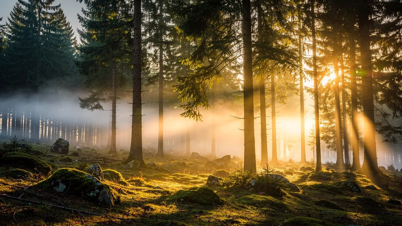 Golden morning light through ancient Carpathian pine forest, mist rising between trees
