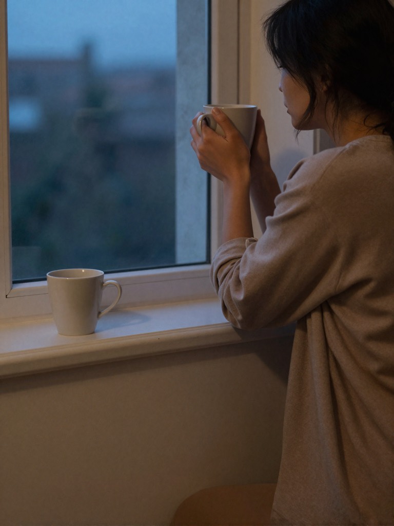 Woman standing alone at the window at dusk, holding a coffee mug, a second unused mug on the windowsill