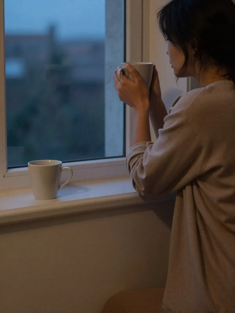 Woman standing alone at the window at dusk, holding a coffee mug, a second unused mug on the windowsill