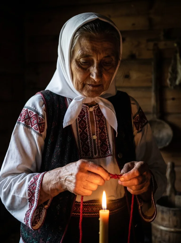 Baba Rodica by candlelight at night, tying a knot in a red thread with her weathered hands
