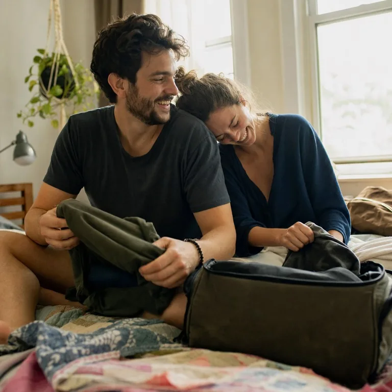 Happy couple laughing together while packing a travel bag on the bed