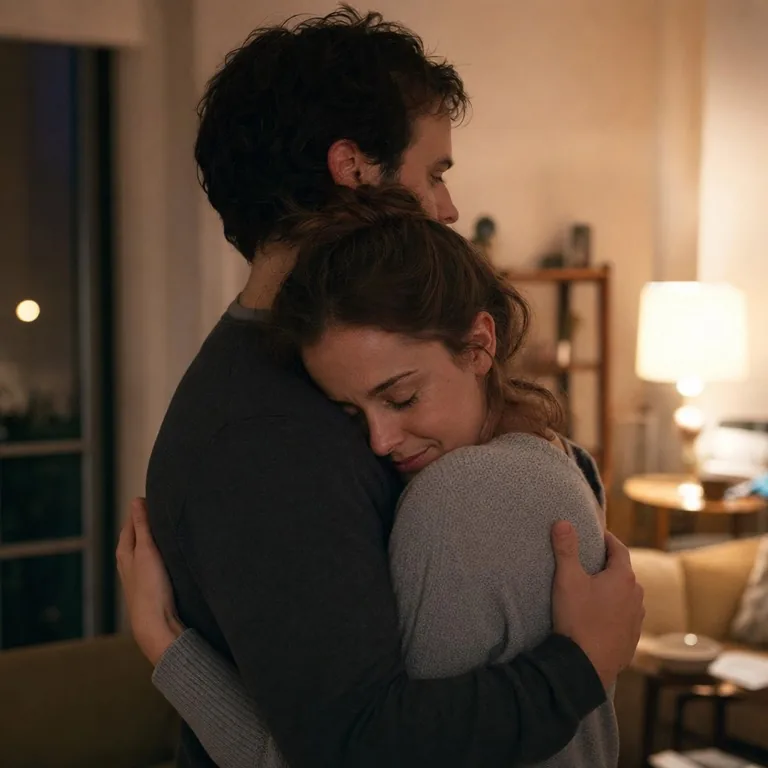 Couple in a close, quiet embrace in a warmly lit living room