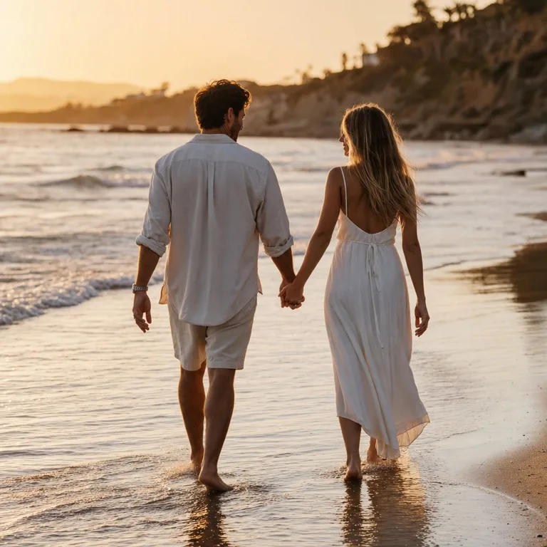 Happy couple walking hand in hand along the beach at golden hour